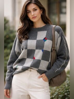 Clan Douglas 100% Cashmere Scotland Gray Check Sweater M/L